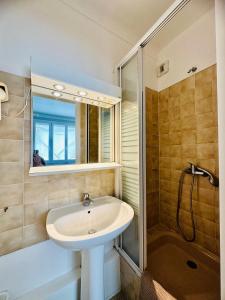 uma casa de banho com um lavatório e um chuveiro em Le Cabieu em Ouistreham