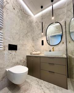 a bathroom with a toilet and a sink and a mirror at Shellter Premium Przy Wydmie in Rogowo