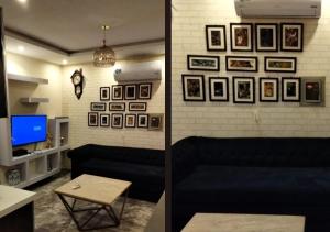 two pictures of a living room with a couch and a tv at Bahria Prime Apartments in Lahore