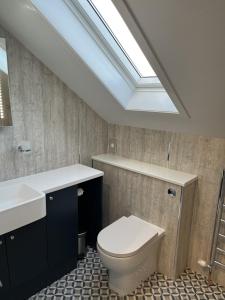 a bathroom with a toilet and a sink and a skylight at Grainbank Mews in Kirkwall