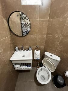 La salle de bains est pourvue de toilettes, d'un lavabo et d'un miroir. dans l'établissement Hospedaje LH C A15minutos del aeropuerto ezeiza, à Ezeiza