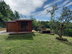a small wooden cabin in a field with a tree at TUSCANY SUNSET'S ROOM in Capannoli