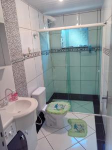 a bathroom with a shower and a toilet and a sink at POUSADA ALTERNATIVA MANU LAGES suite in Lages