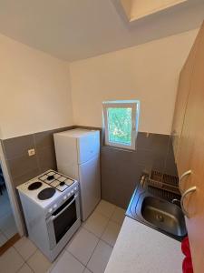uma pequena cozinha com um fogão e um lavatório em Vikendica Lazic em Ljubovija