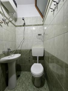 uma casa de banho com um WC e um lavatório em Cobo Apartment's em Përmet