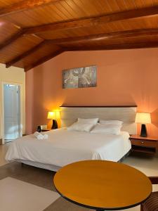 1 dormitorio con 1 cama grande y techo de madera en Minkana Hotel, en Guano