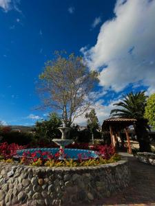una fuente en un jardín con flores y un árbol en Minkana Hotel, en Guano