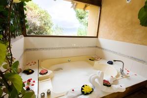 baño con bañera, lavabo y ventana en Chalet Campestre la Peseta, en Ubaté