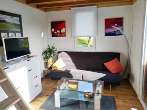 a living room with a couch and a tv at "Les Echalas" Chalet indépendant avec cuisine en Lavaux Unesco in Chexbres