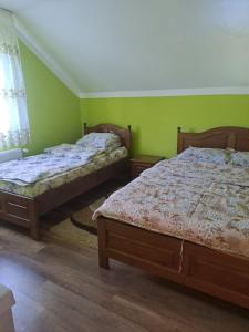 2 Betten in einem Zimmer mit grünen Wänden in der Unterkunft Cabana din șes in Mărişel
