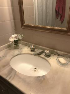 ein weißes Waschbecken im Bad mit Spiegel in der Unterkunft Casa de una planta en barrio residencial Las Lomas de San Isidro in Beccar