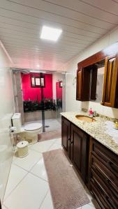 een badkamer met een wastafel en een toilet in een kamer bij Cantinho paz e amor in Nova Petrópolis