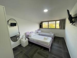 a small room with two beds and a mirror at Villa Lidia & Attico degli artisti, free pets , giardino recintato e attrezzato in Minturno