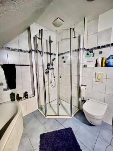 a bathroom with a shower and a toilet and a tub at FireApart in Rednitzhembach