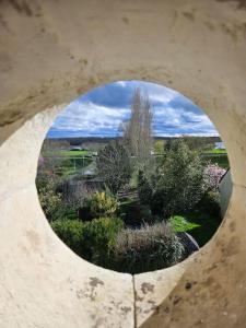 a view of a garden through a circular window at Rêve de Loire in La Daguenière