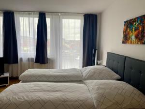 Un dormitorio con dos camas y una ventana. en Etzel Ferienwohnung (Main Riverview), en Würzburg 4 fotos más