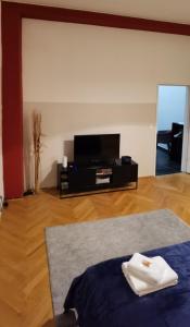 ein Wohnzimmer mit einem Bett und einem TV in der Unterkunft Lilia in Wien