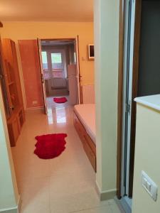 una habitación con una alfombra roja en el suelo y una puerta en La Poiana en Brasov