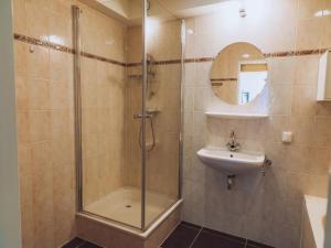La salle de bains est pourvue d'une douche et d'un lavabo. dans l'établissement Westergeest, à Uitgeest
