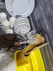 a person holding a tray with forks and white plates at RESIDENCE TERANGA in Kammba