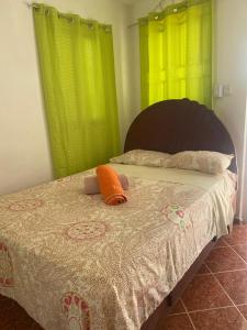 Cama con almohada naranja y cortinas verdes en Hostel El Hoyo, en Bayahibe