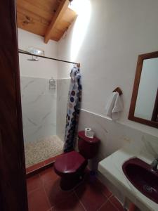uma casa de banho com um chuveiro, um WC e um lavatório. em Twin Casita #1 & #2 em San Pedro La Laguna