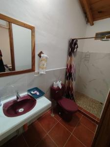 uma casa de banho com um lavatório, um WC e um espelho. em Twin Casita #1 & #2 em San Pedro La Laguna