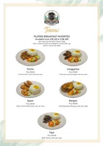 a menu of eggs and other food items on plates at UCM Adventure Park in San Mateo