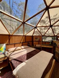sypialnia z łóżkiem w pokoju z oknami w obiekcie Glamping en la Sierra de Arteaga w mieście Los Lirios