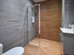 a bathroom with a shower with a toilet and a sink at Tay Views Apartment in Perth +10 photos