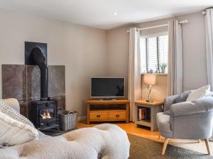 a living room with a wood stove and a tv at Brook Farm Cottage in Nantwich