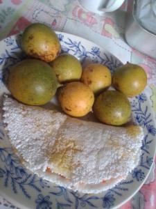 a plate with pears and bread on a table at Quarto compartilhado e camping na floresta in Manaus