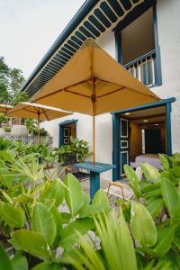 薩蘭托的住宿－Cocli Hotel Boutique Salento，一个带蓝桌和遮阳伞的庭院。
