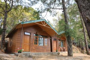 a small cabin in the woods with a tree at Pinewood Nirvana Jungle Resort Shoghi in Shimla