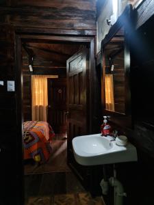 安赫萊斯鎮的住宿－Cabaña entre orquídeas，一间带水槽的浴室和一张位于客房内的床