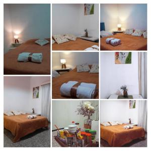 un collage de fotos de un dormitorio con cama en HOSPEDAJE " La Catalina " Ubicada a 15 minutos del Aeropuerto Internacional de Ezeiza con Estacionamiento en Tristán Suárez