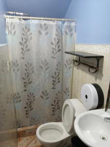 a bathroom with a toilet and a sink and a shower curtain at Hotel 24/7 in Comayagua