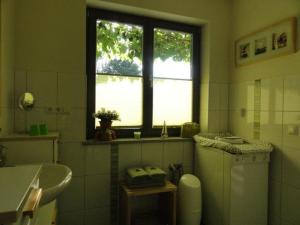 La salle de bains est pourvue d'un lavabo, de toilettes et d'une fenêtre. dans l'établissement Villa am Weinberg Waren, à Waren