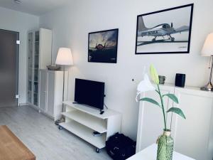 a living room with a tv and a vase with a plant at Sea air Modern retreat in Wangerooge
