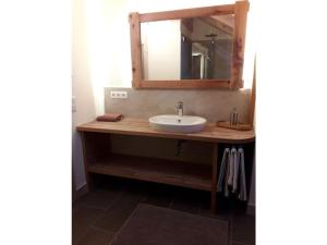 ein Bad mit einem Waschbecken und einem Spiegel in der Unterkunft Richter 2 Modern retreat in Wackersberg
