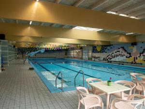 a large swimming pool with a table and chairs at Wellness Bungalow with whirlpool and sauna in Zevenhuizen