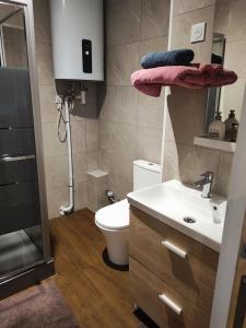 a bathroom with a toilet and a sink and a shower at APPART'HOTEL CASA Patricia in Béthune