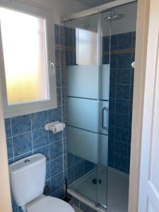 een badkamer met een toilet en een glazen douche bij Chez Liselotte in Borgo
