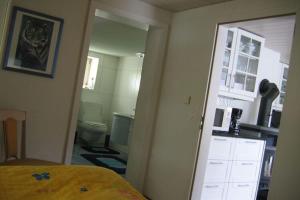 um quarto com uma cozinha e uma casa de banho com uma cama em Isliweg 11, 3714 Frutigen em Frutigen
