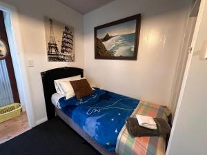 a bedroom with a bed and a picture on the wall at Basic, Super 'Cosy' Cabin in The Middle of National Park and Mountains in Otira