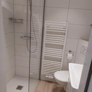 een badkamer met een douche, een toilet en een wastafel bij Frische Brise 10 OG Nr 5 Meerblick in Cuxhaven