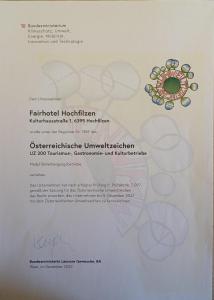 Certifikát, hodnocení, plakát nebo jiný dokument vystavený v ubytování Fairhotel Hochfilzen B&B
