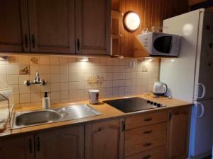 Domek wypoczynkowy Gowidlino في Gowidlino: مطبخ مع مغسلة وثلاجة