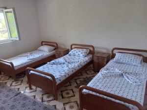 Cette chambre comprend 3 lits et une fenêtre. dans l'établissement Bujtina Aliaj, à Tropojë