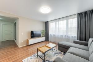 ein Wohnzimmer mit einem Sofa und einem TV in der Unterkunft Stiklo Apartamentai in Radviliškis